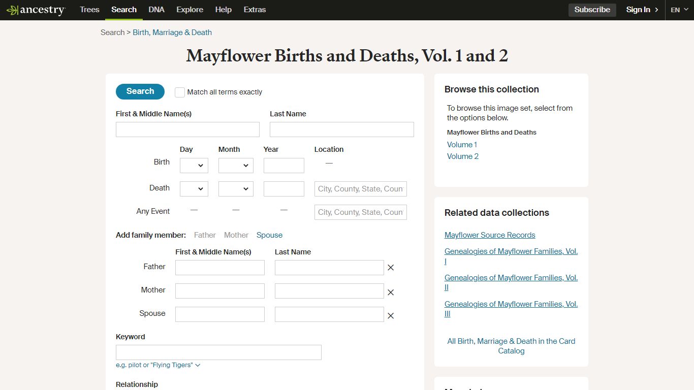 Mayflower Births and Deaths, Vol. 1 and 2 - Ancestry.com