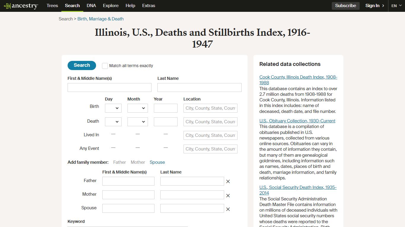 Illinois, U.S., Deaths and Stillbirths Index, 1916-1947 - Ancestry