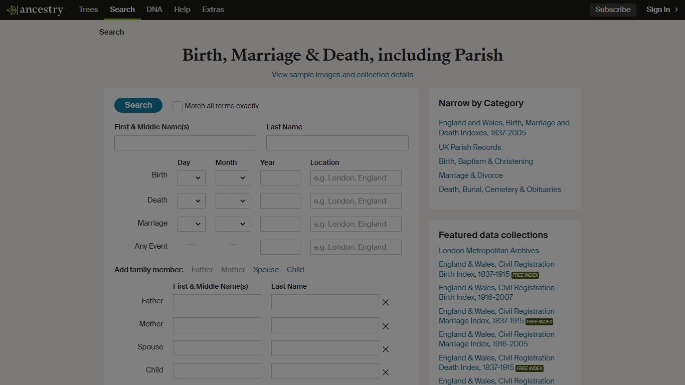 Birth, Marriage & Death, including Parish - Ancestry